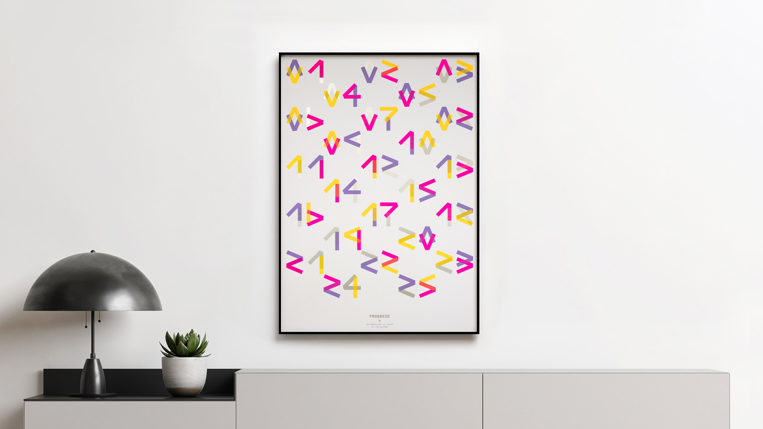 Hand made, silkscreen printed limited edition poster design for Progress Packaging business anniversary. Print by Dan Mather.