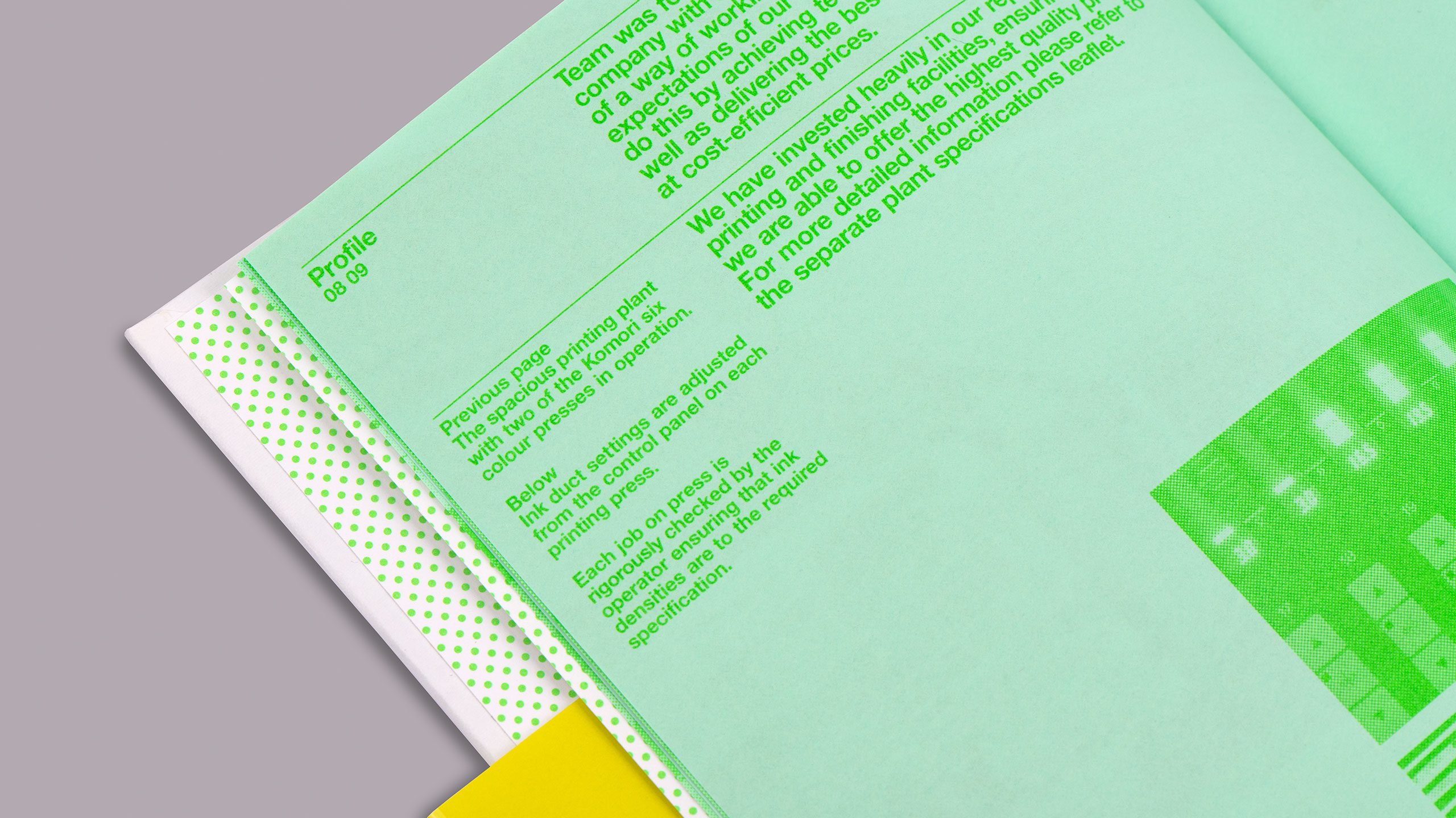 Fluorescent ink, lithographic printing, book wrapper design, printing and finishing manual by Design Project